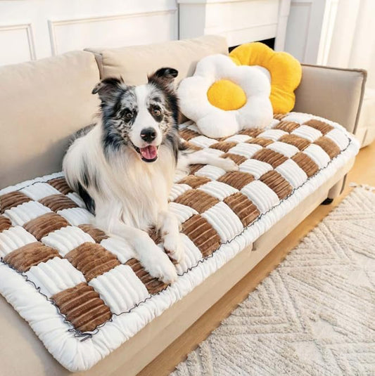 Cream-Colored Large Plaid Square Fuzzy Couch Cover