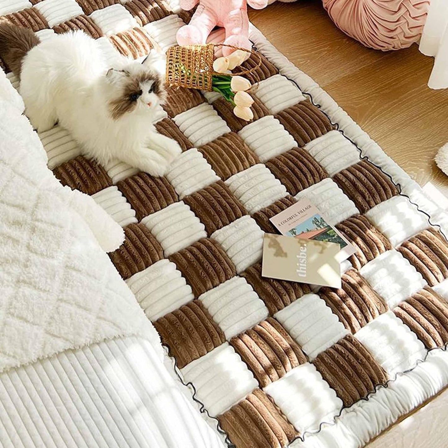 Cream-Colored Large Plaid Square Fuzzy Couch Cover