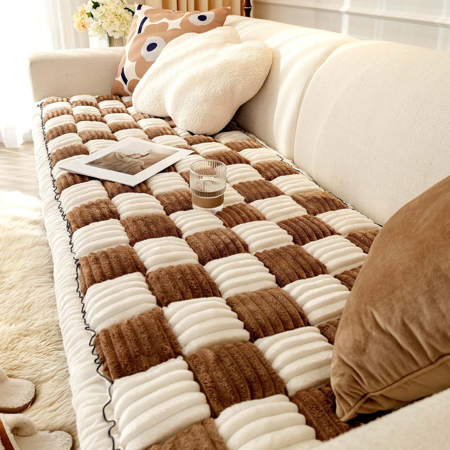Cream-Colored Large Plaid Square Fuzzy Couch Cover